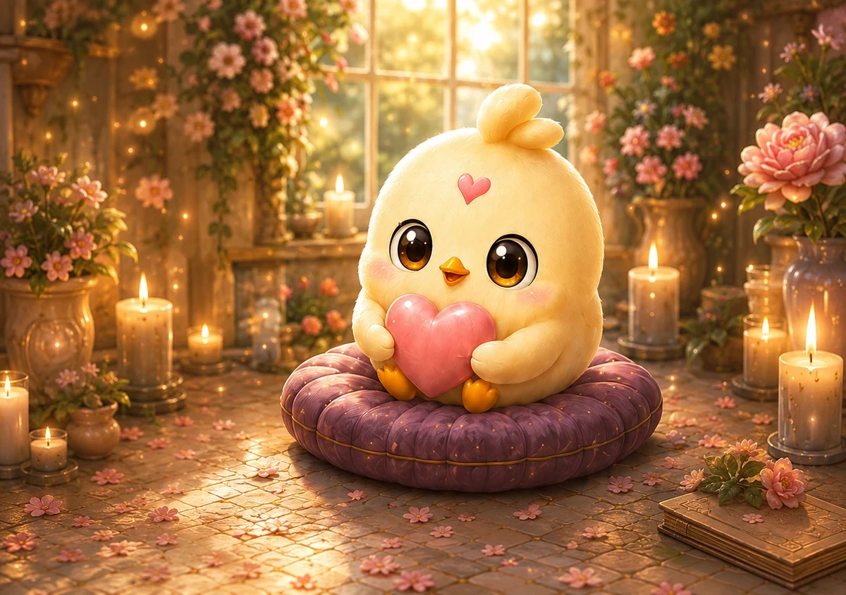 Peep holding a heart in a warmly lit garden
