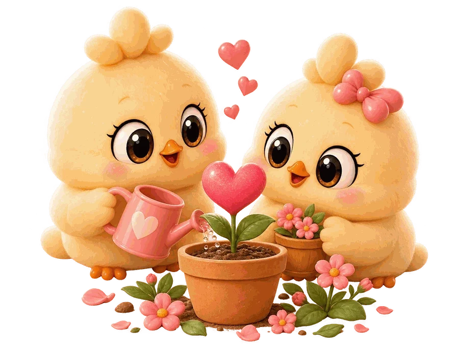 Two Peeps tending a heart-shaped flower together
