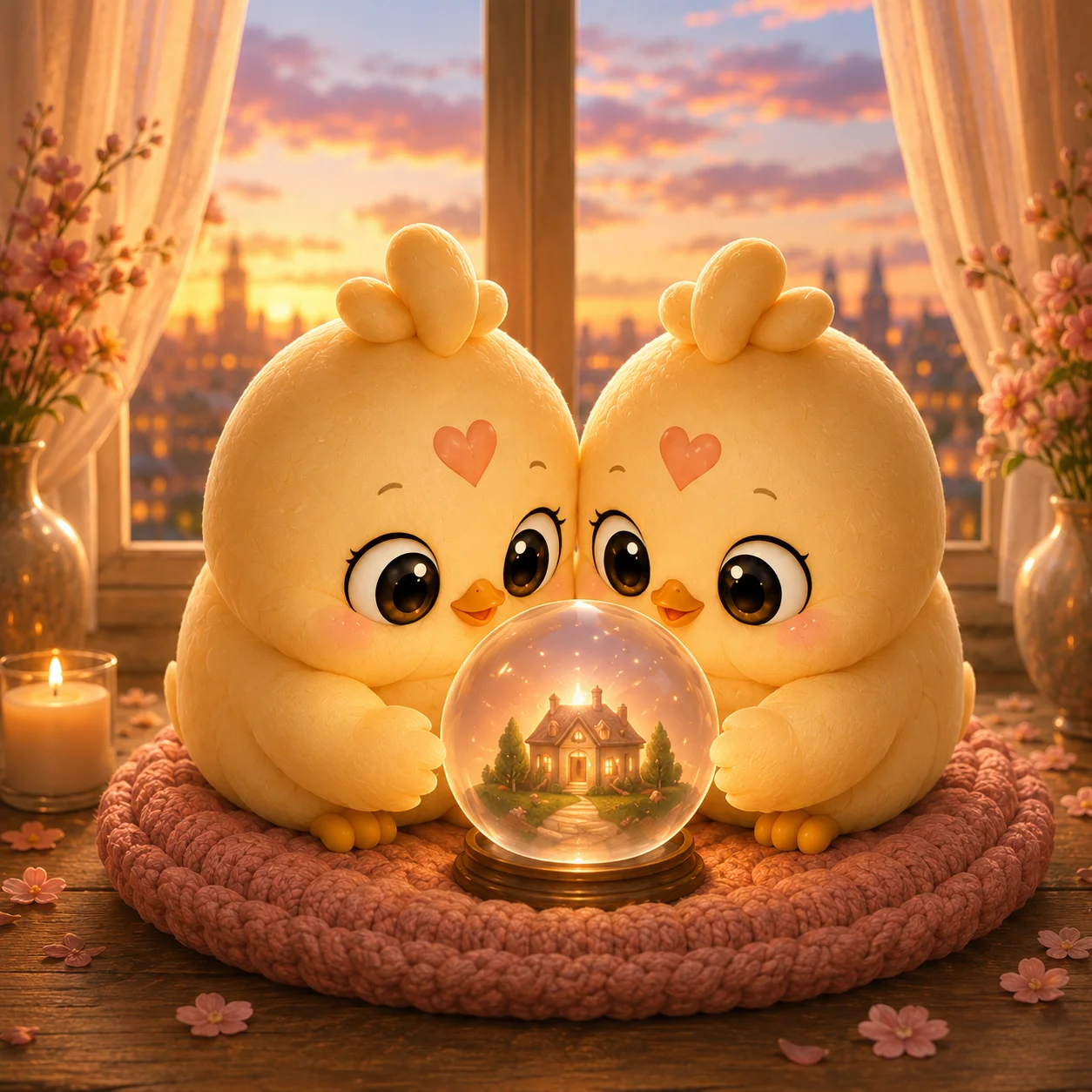 Two Peeps imagining a home inside a glowing glass globe at sunset
