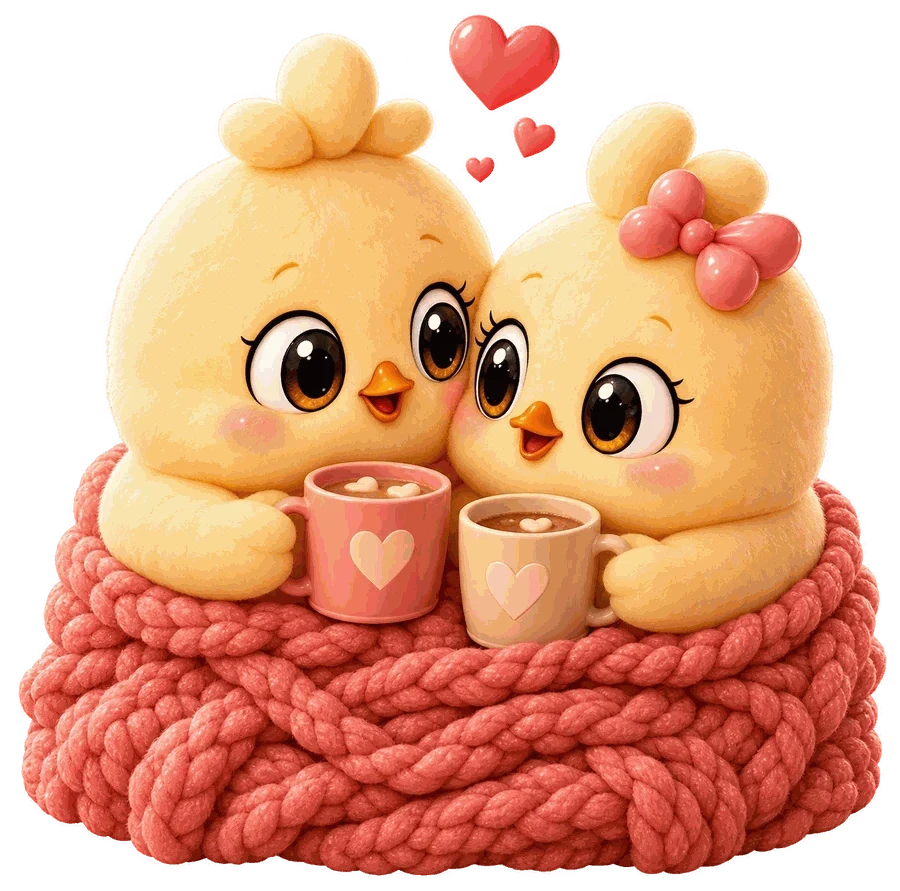 Two Peeps nestled together in a coral blanket, sharing warm drinks